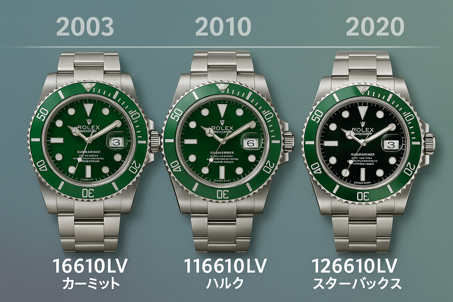 歴代型番の違いと仕様比較｜16610LV・116610LV・126610LV.png