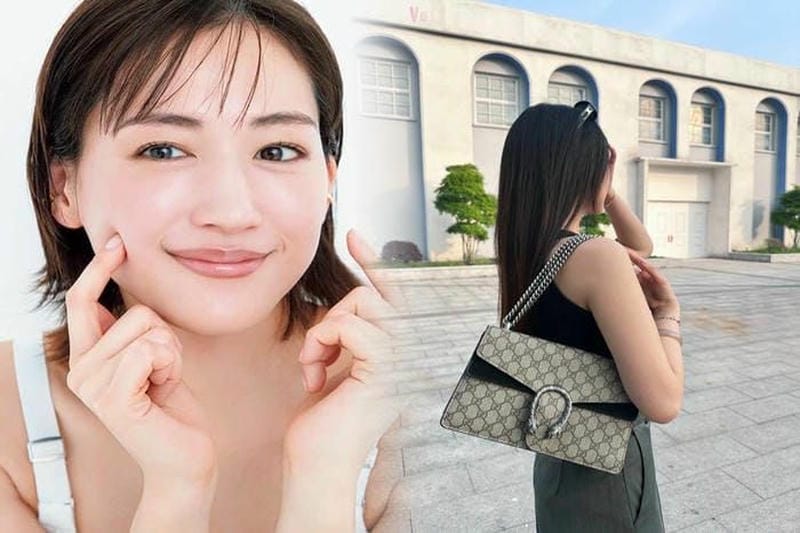 斜めがけ赤のグッチショルダーでエレガントな装いに