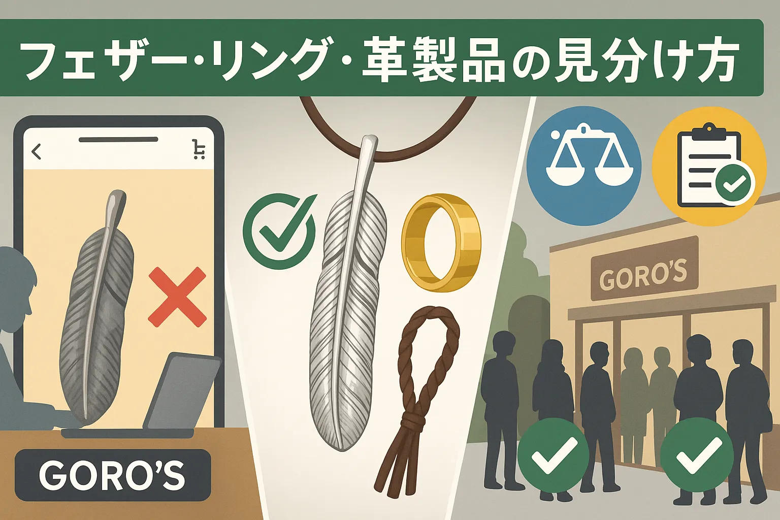 アイテム別｜フェザー・リング・革製品の見分け方.webp