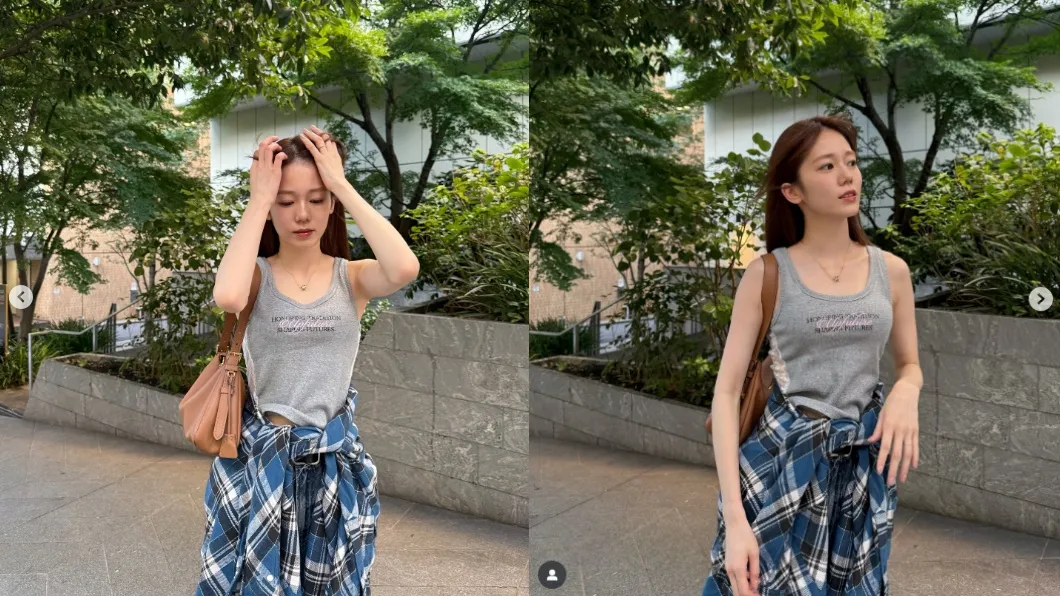 2.川口葵｜ノースリーブ×チェックコーデで大人可愛い新妻姿.webp