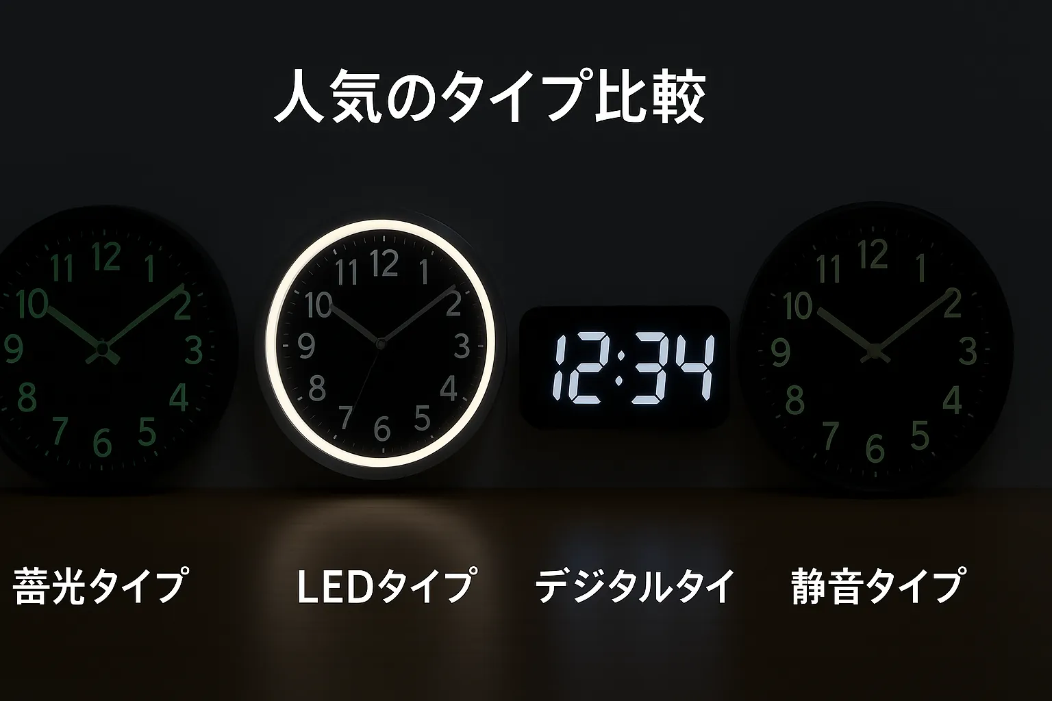 人気のタイプ別モデル比較（蓄光・LED・デジタル・静音）.webp