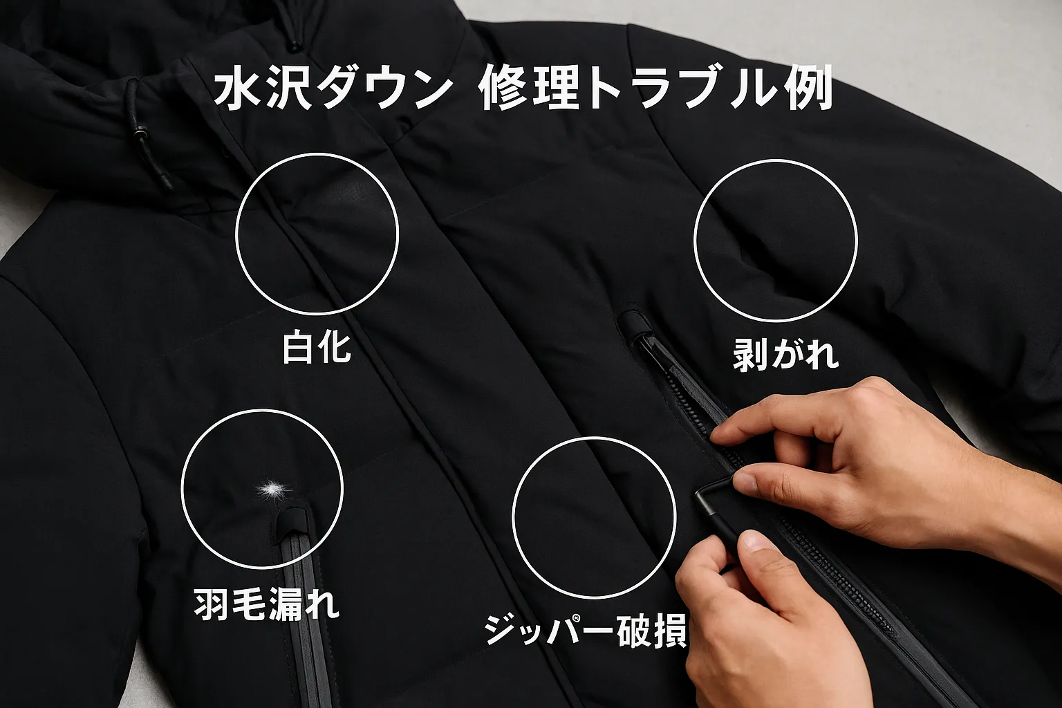 3 よくある破損・故障パターン（白化・剥がれ・羽毛漏れ・ジッパー）.webp