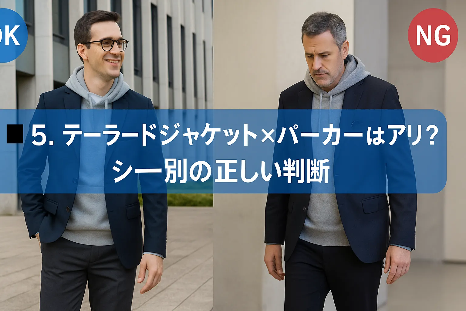 5. テーラードジャケット×パーカーはアリ？シーン別の正しい判断.webp