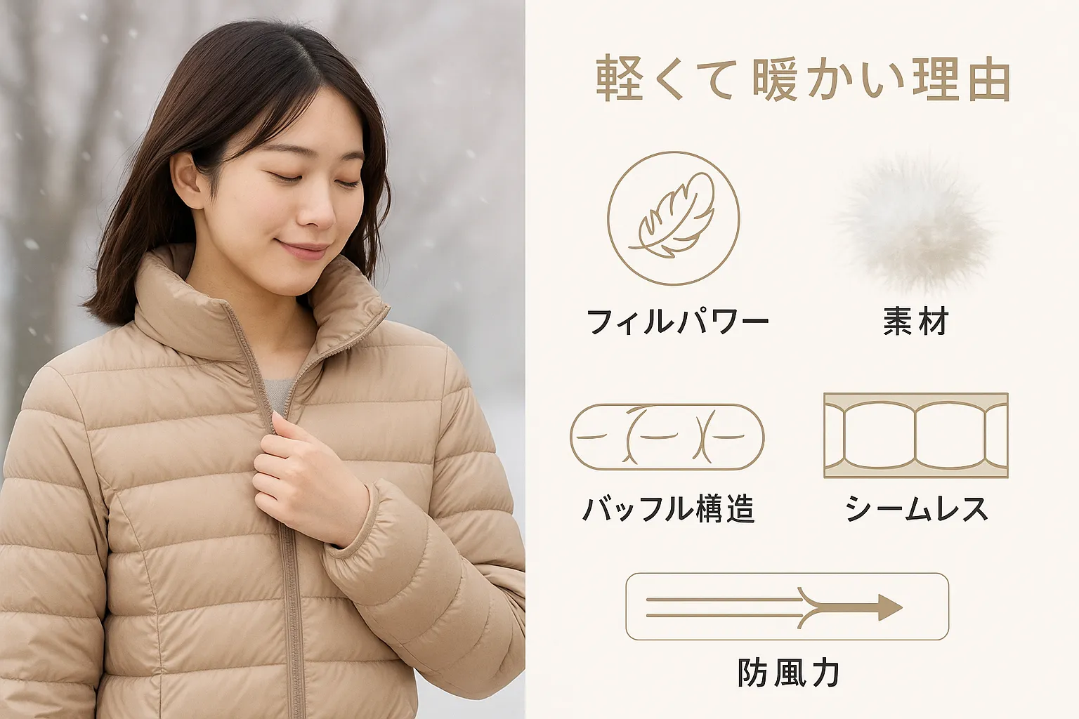 2. 「軽くて暖かい」を決める3大要素｜フィルパワー・素材・構造.webp