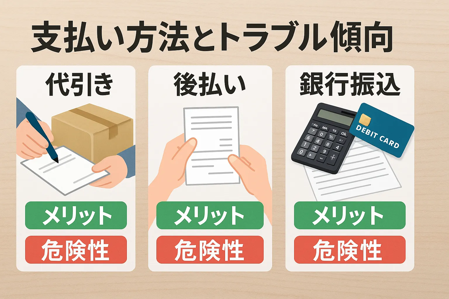 7. 支払い方法とトラブル傾向｜代引き・後払い・銀行振込のメリットと危険性.webp