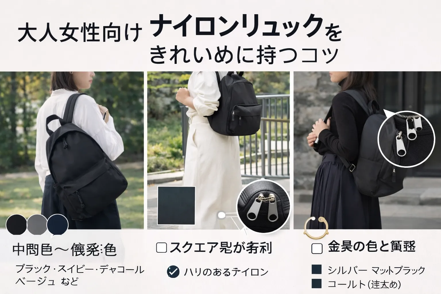 4. 大人女性向け｜ナイロンリュックをきれいめに持つコツ.webp