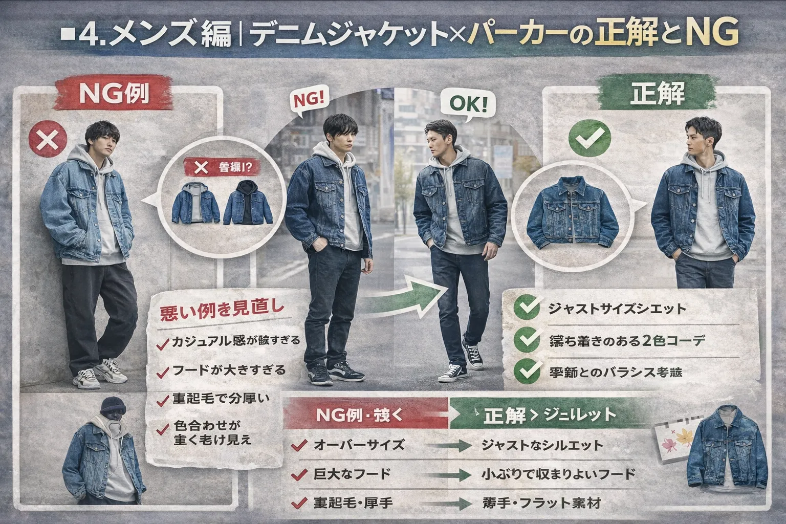 4. メンズ編｜デニムジャケット×パーカーの正解とNG.webp