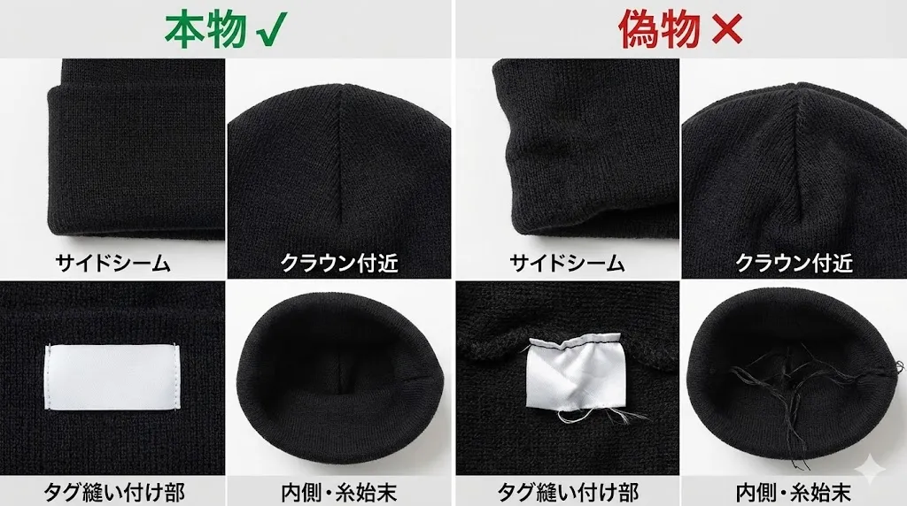 4-4. 縫い目（サイドシーム・クラウン周辺・タグ縫い付け部で確認）.webp