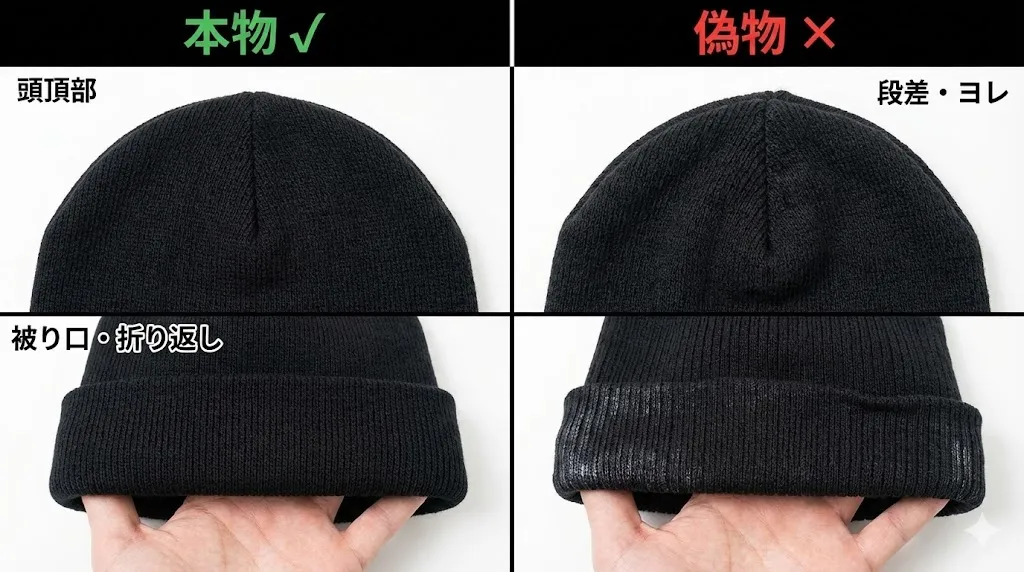 4-3. 生地・素材（クラウン・折り返し・被り口の「伸び方」を見る）.webp