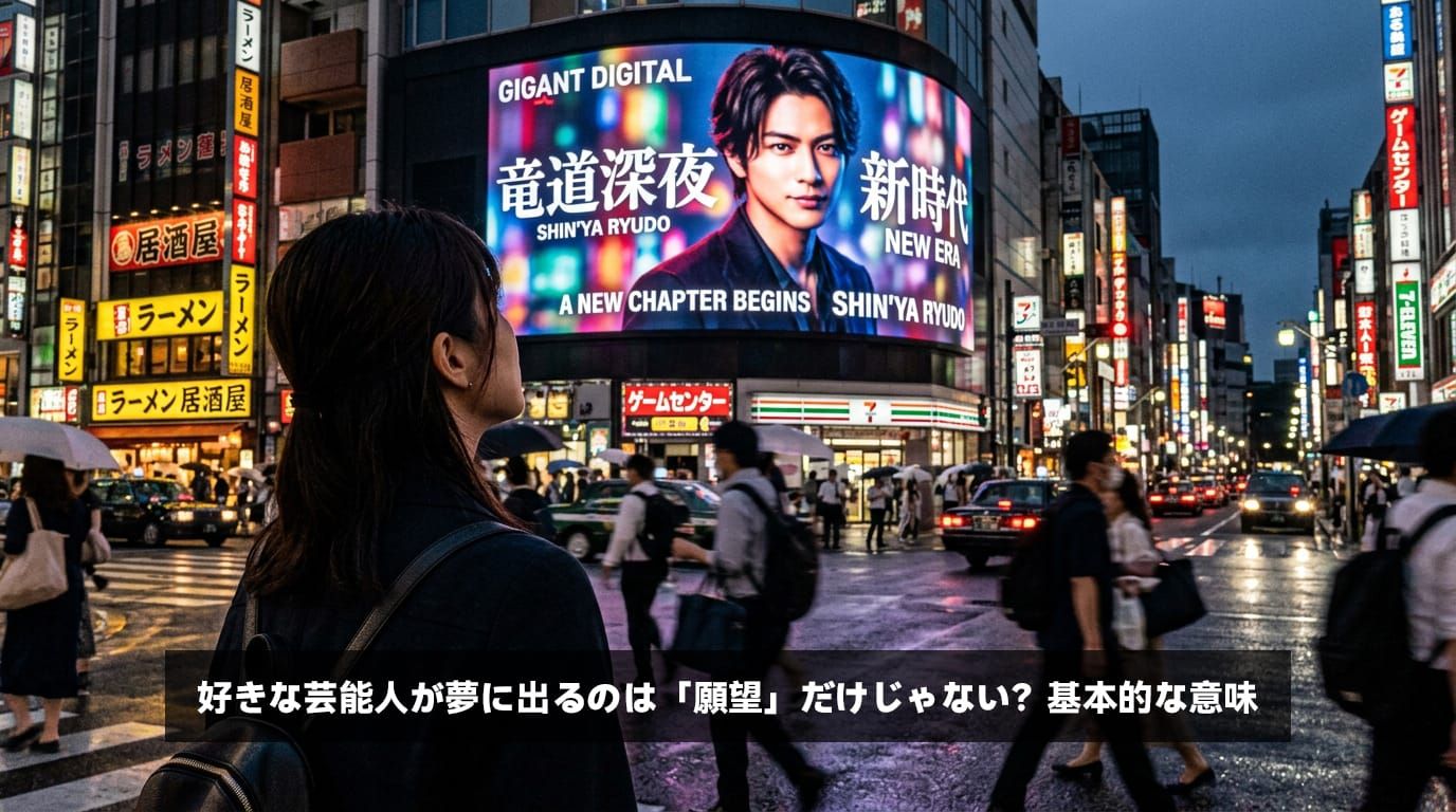 都会の街頭ビジョンに映る憧れの芸能人を見上げ、自分自身の理想や才能の可能性を投影している人の後ろ姿