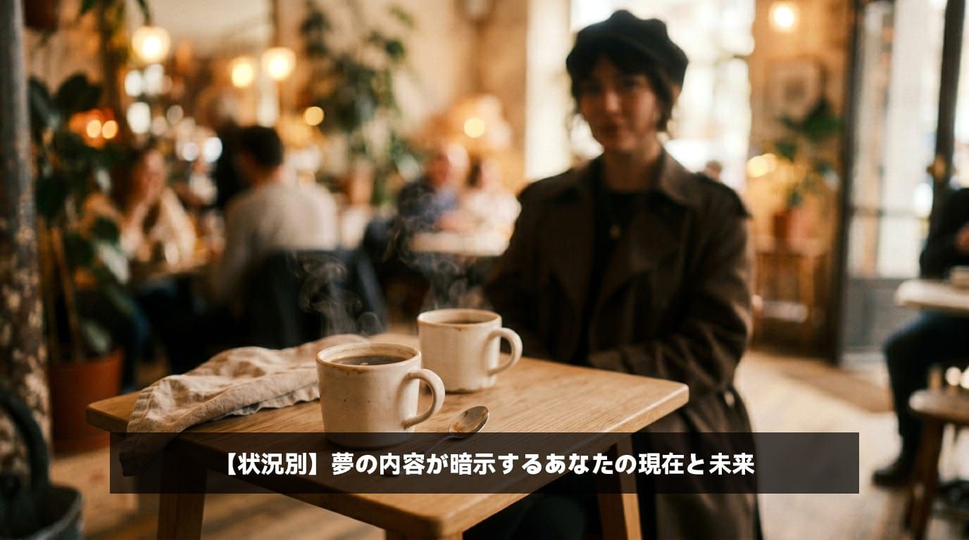 夢の中での芸能人との親密なデートや会話を象徴する、温かな光が差し込むカフェのテーブルと二つのコーヒーカップ