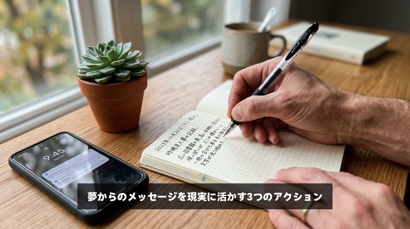 夢占いからのメッセージを自己成長に繋げるため、ノートにペンで夢の内容を記録している手元のクローズアップ