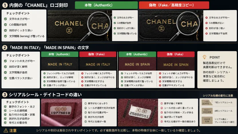 3-1. 内側の「CHANEL」ロゴ刻印 3-2. 「MADE IN ITALY」「MADE IN SPAIN」の文字 3-3. シリアルシール・デイトコードの違い.webp