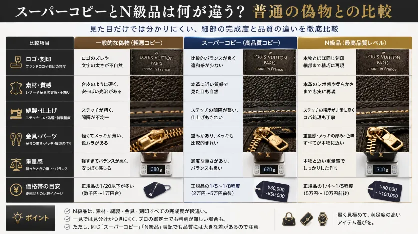 4. スーパーコピーとN級品は何が違う？普通の偽物との比較.webp