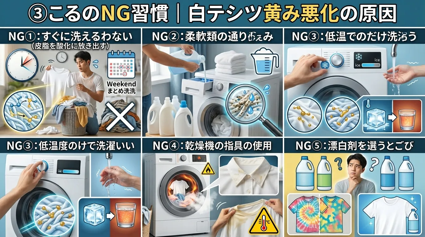 ③ やりがちNG習慣｜黄ばみを悪化させる原因.webp