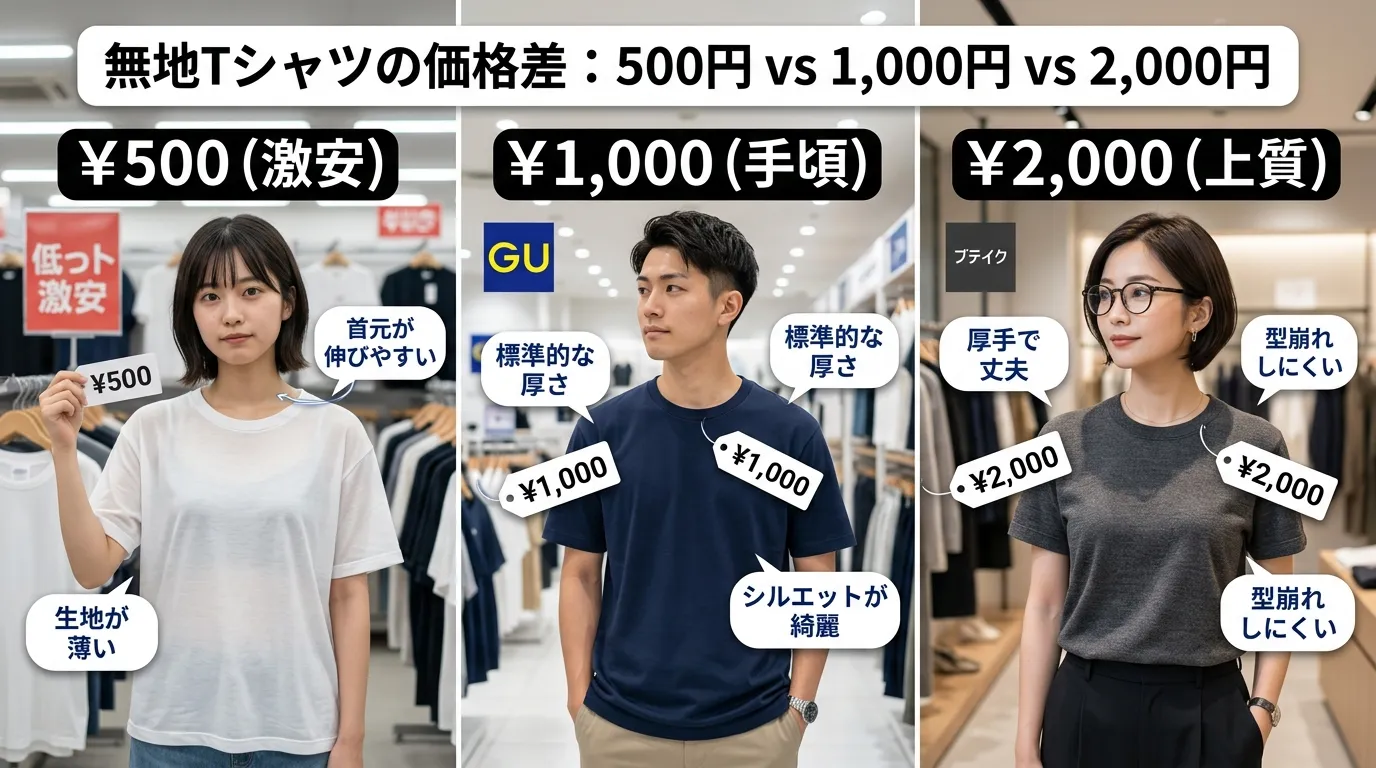 ② 安い無地Tシャツの価格相場｜500円・1,000円・2,000円の違い.webp