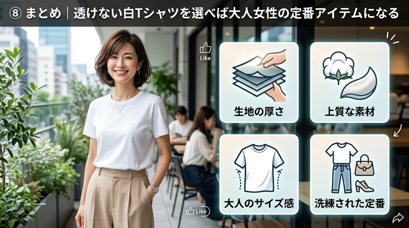 ⑧ まとめ｜透けない白Tシャツを選べば大人女性の定番アイテムになる.webp