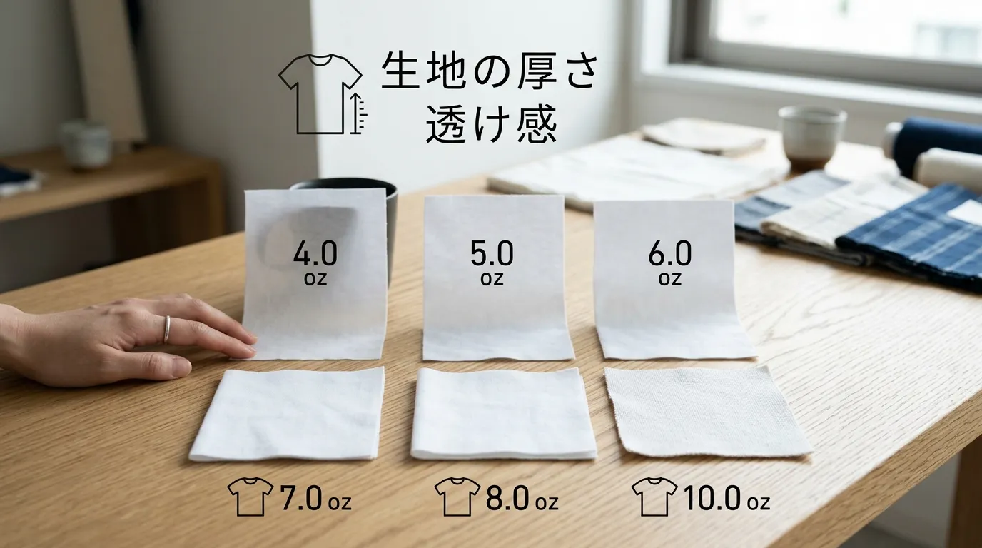 ③ 白Tシャツの透け感を左右する生地の厚さ（oz・重量）の基準.webp
