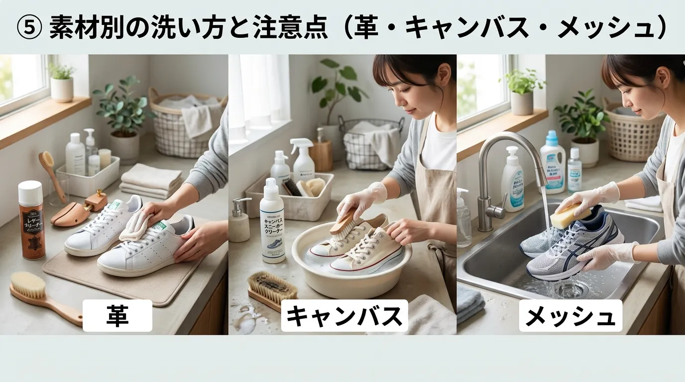 ⑤ 素材別（レザー・キャンバス・メッシュ）の洗い方と注意点.webp