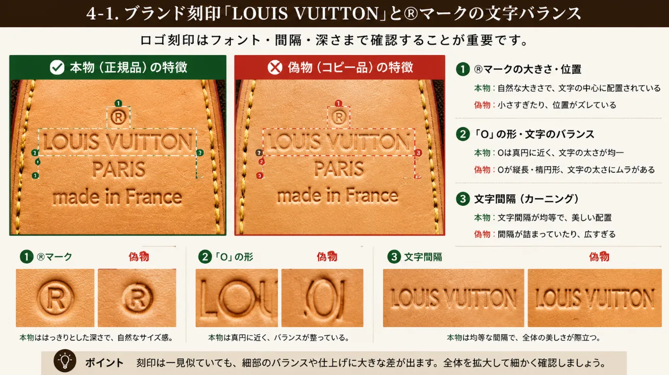 4-1. ブランド刻印「LOUIS VUITTON」と®マークの文字バランス.webp