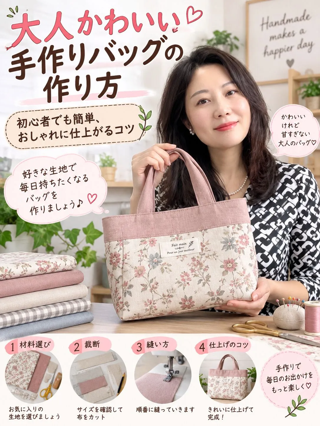 大人かわいい手作りバッグの作り方｜初心者でも簡単、おしゃれに仕上がるコツトート