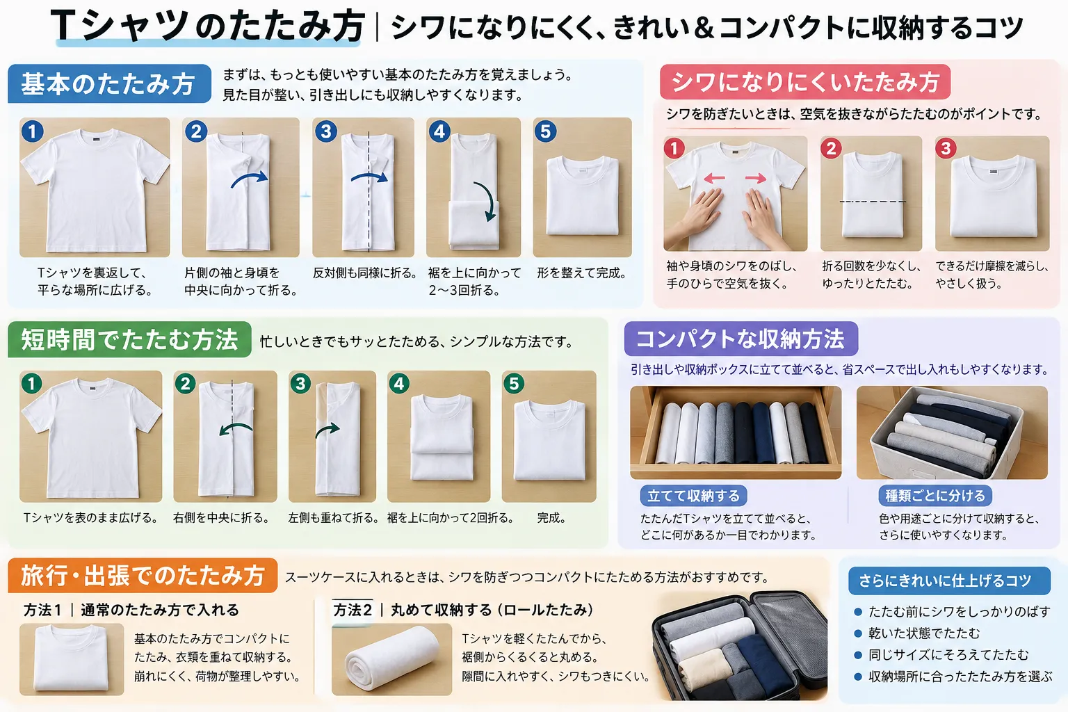 Tシャツのたたみ方｜シワになりにくく、きれい＆コンパクトに収納するコツ