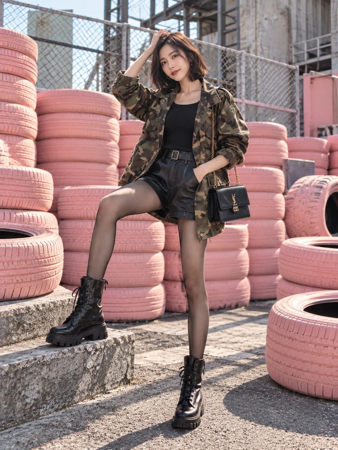 YSL クールな雰囲気にマッチする黒のチェーンバッグ🖤 迷彩ジャケットで楽しむ大人のストリートコーデ
